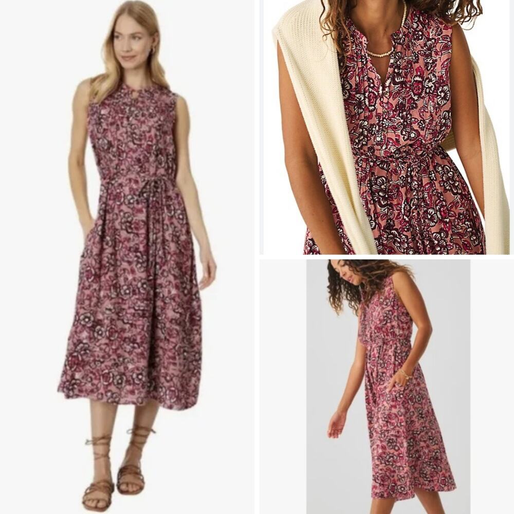 FAHERTY DRESS LINEN FLORAL MIDI PINK COTTAGECORE MILKMAID BOHO WESTERN COQUETTE - Picture 4 of 16